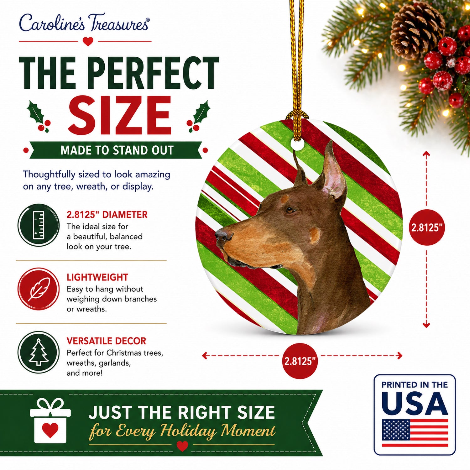 Doberman Candy Cane Holiday Christmas Ceramic Ornament Christmas Tree Hanging Decorations for Home Christmas Holiday, Party, Gift, 3 in, Multicolor