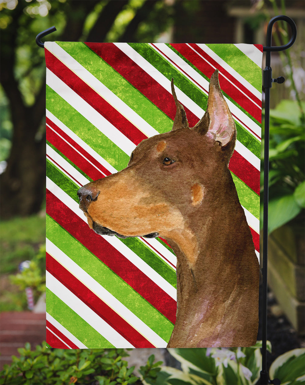 Doberman Candy Cane Holiday Christmas Garden Flag Mailbox Decorative Yard Banner Outside Patio Artwork for Flower Beds, Garden Size, Multicolor