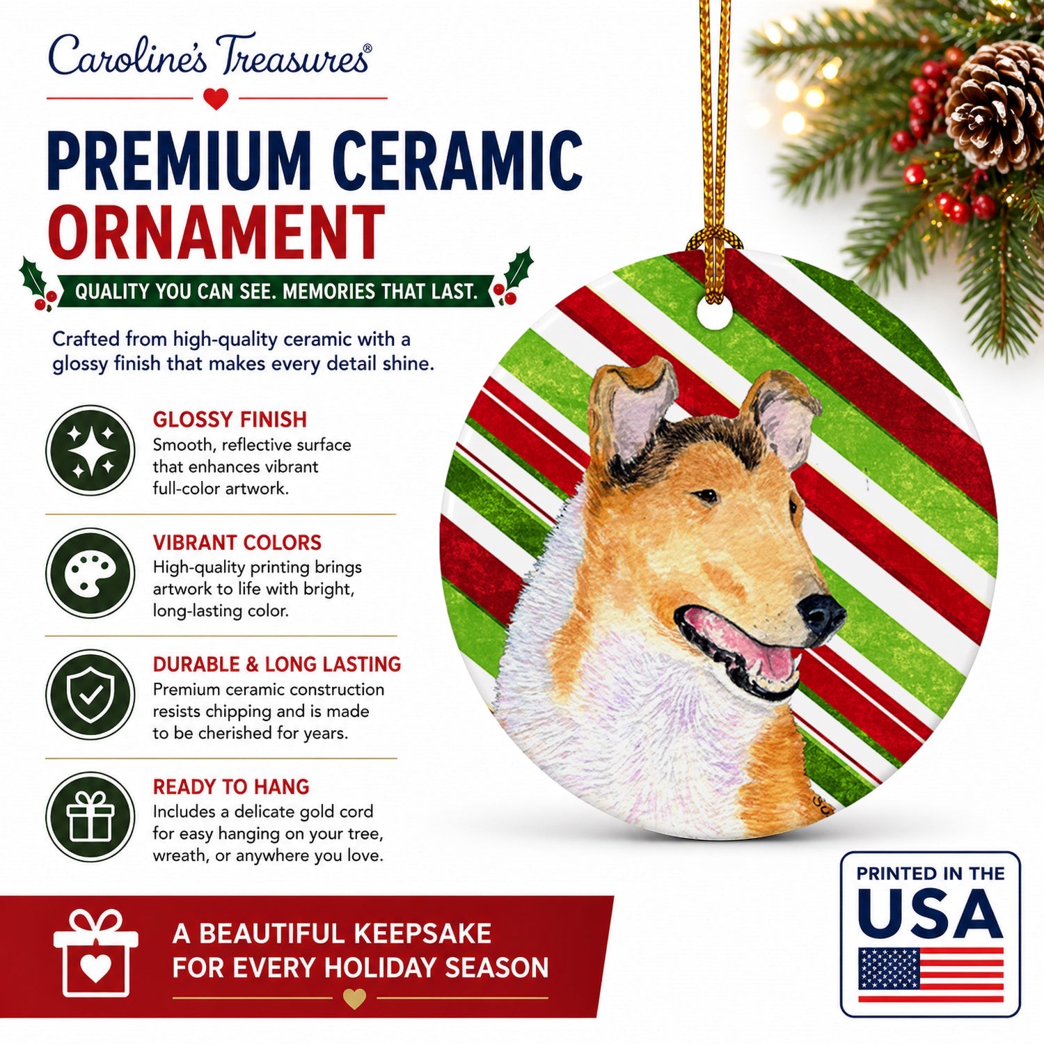 Collie Smooth Candy Cane Holiday Christmas Ceramic Ornament Christmas Tree Hanging Decorations for Home Christmas Holiday, Party, Gift, 3 in, Multicolor