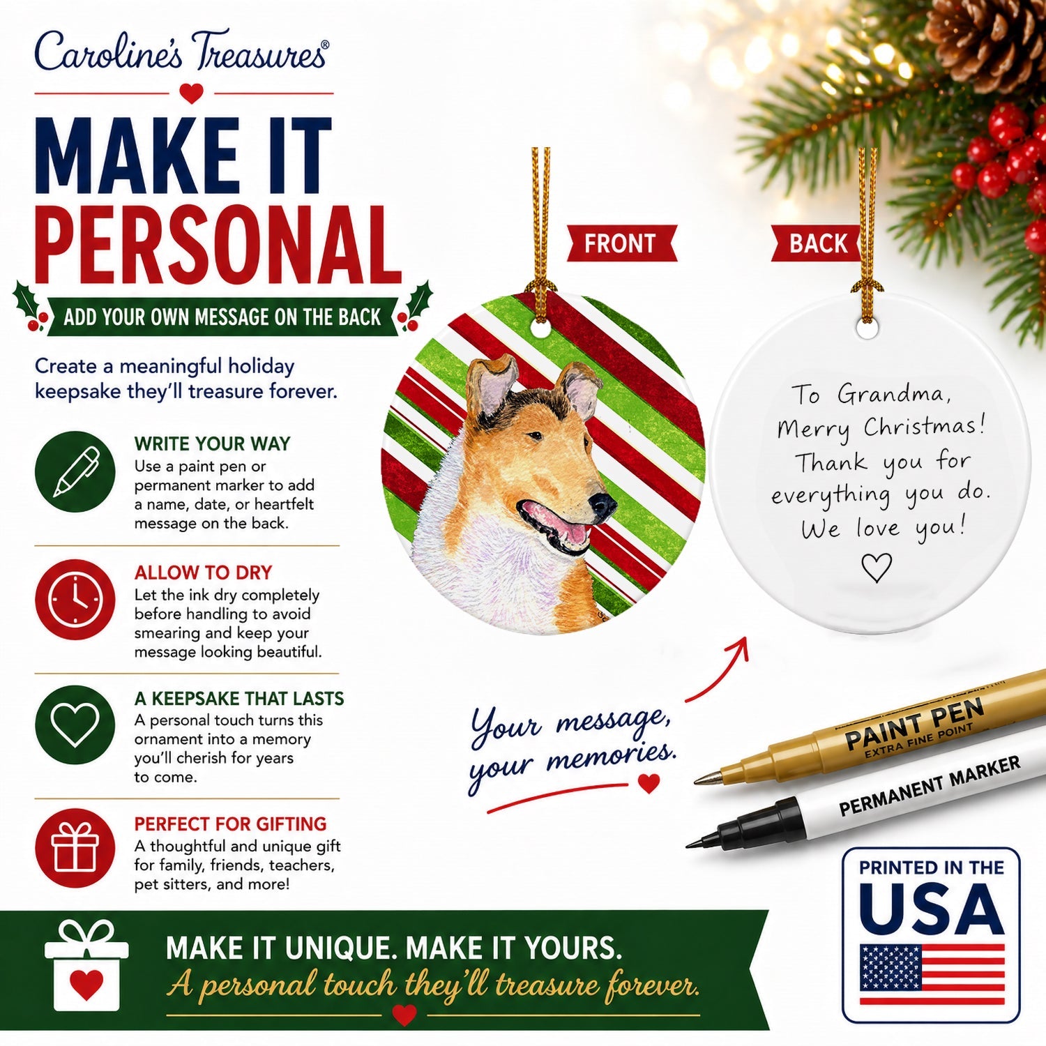 Collie Smooth Candy Cane Holiday Christmas Ceramic Ornament Christmas Tree Hanging Decorations for Home Christmas Holiday, Party, Gift, 3 in, Multicolor