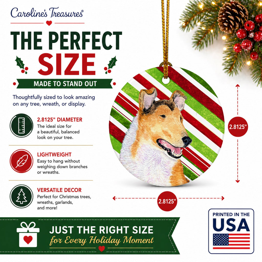 Collie Smooth Candy Cane Holiday Christmas Ceramic Ornament Christmas Tree Hanging Decorations for Home Christmas Holiday, Party, Gift, 3 in, Multicolor