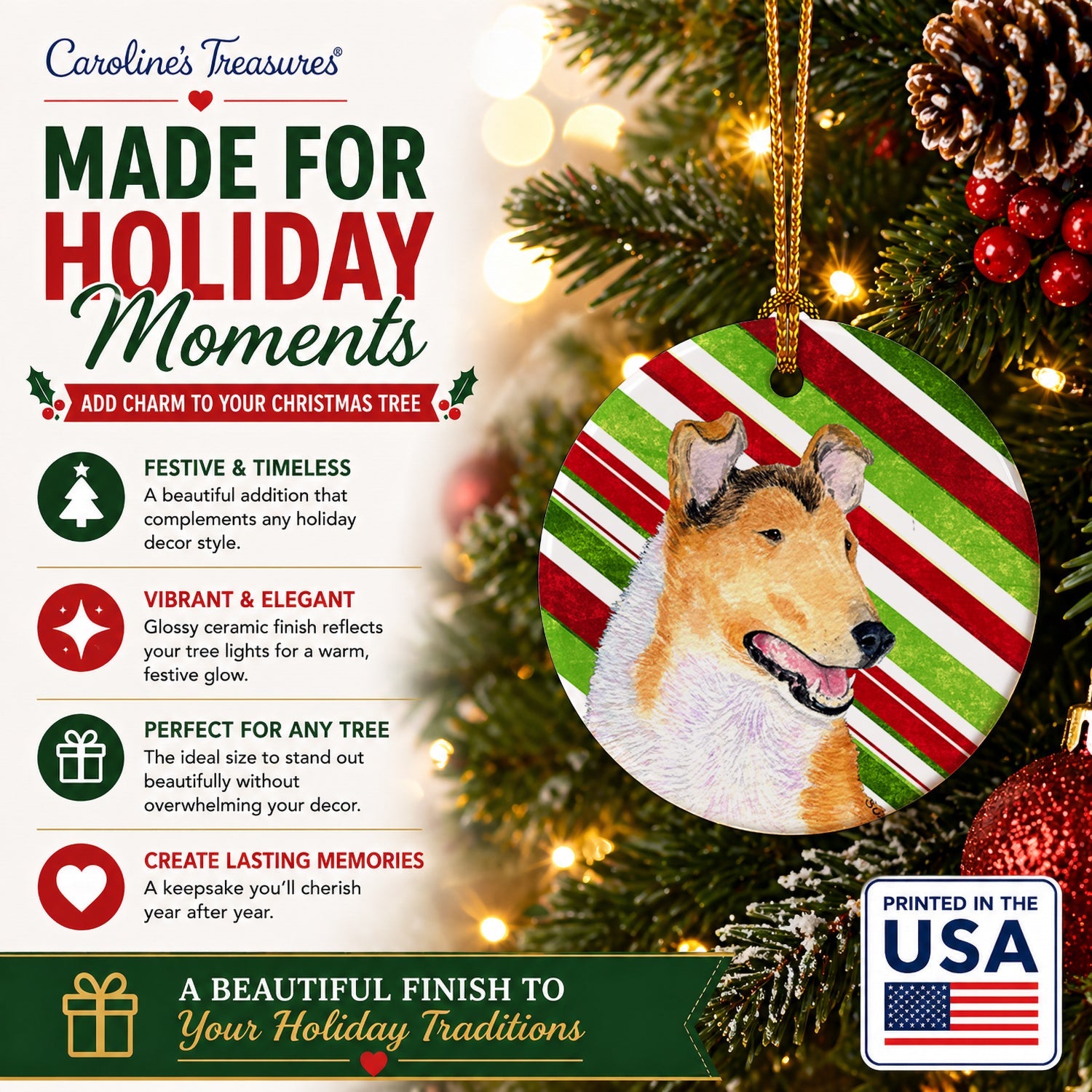 Collie Smooth Candy Cane Holiday Christmas Ceramic Ornament Christmas Tree Hanging Decorations for Home Christmas Holiday, Party, Gift, 3 in, Multicolor