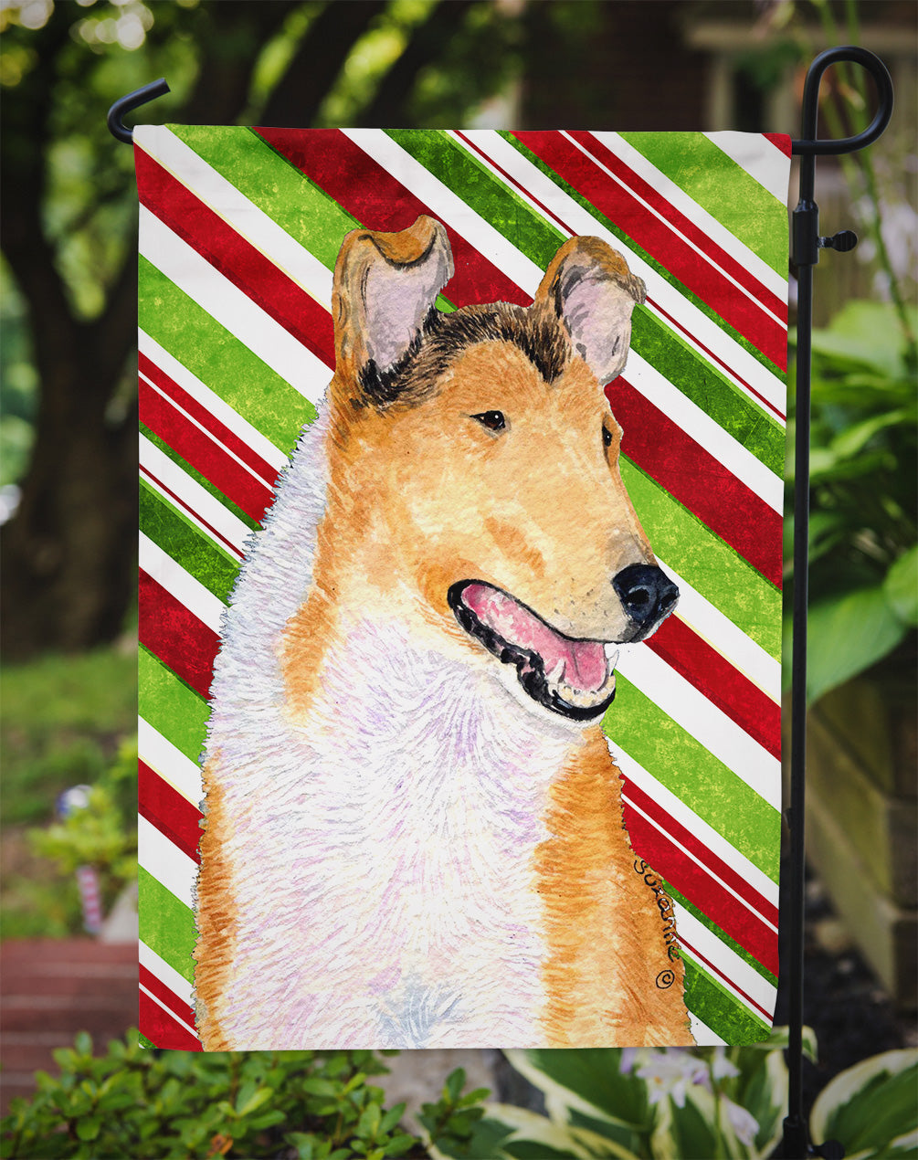 Collie Smooth Candy Cane Holiday Christmas Garden Flag Mailbox Decorative Yard Banner Outside Patio Artwork for Flower Beds, Garden Size, Multicolor
