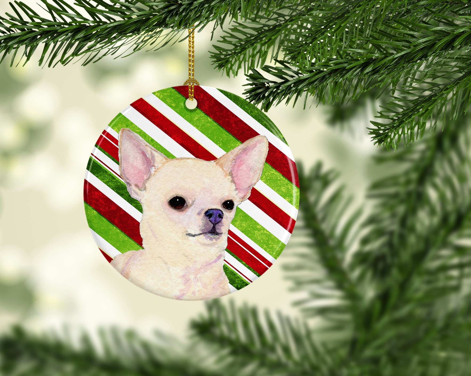 Chihuahua Candy Cane Holiday Christmas Ceramic Ornament Christmas Tree Hanging Decorations for Home Christmas Holiday, Party, Gift, 3 in, Multicolor