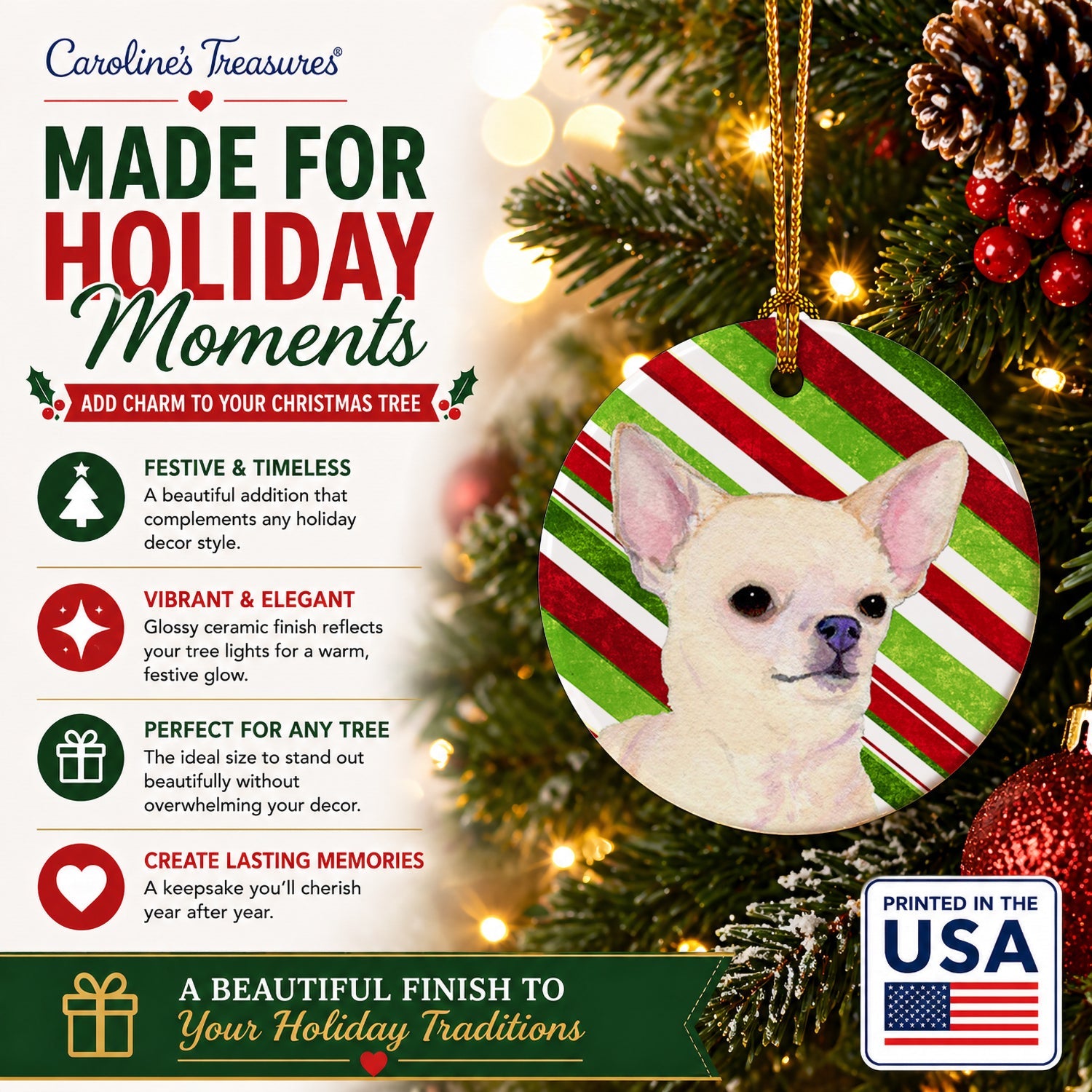 Chihuahua Candy Cane Holiday Christmas Ceramic Ornament Christmas Tree Hanging Decorations for Home Christmas Holiday, Party, Gift, 3 in, Multicolor