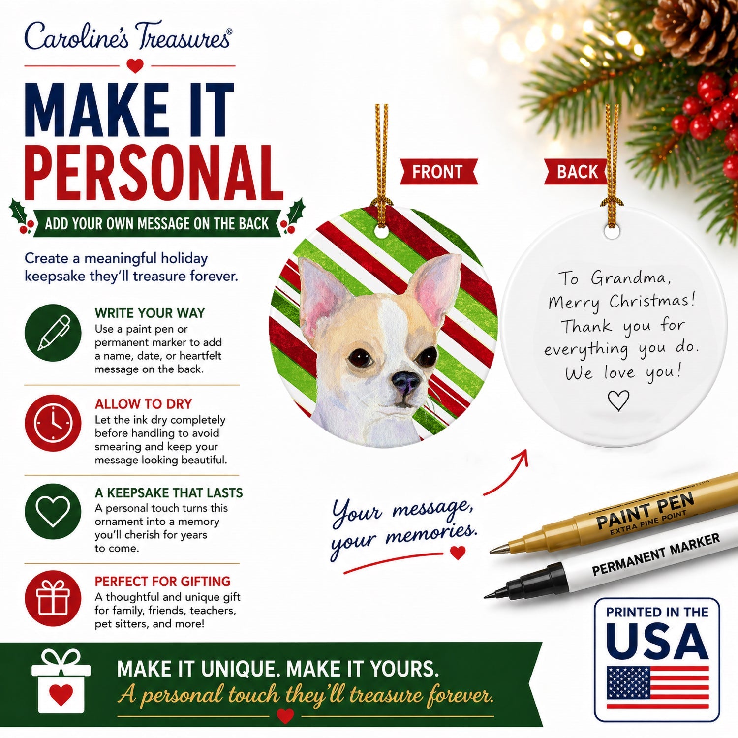 Chihuahua Candy Cane Holiday Christmas Ceramic Ornament Christmas Tree Hanging Decorations for Home Christmas Holiday, Party, Gift, 3 in, Multicolor