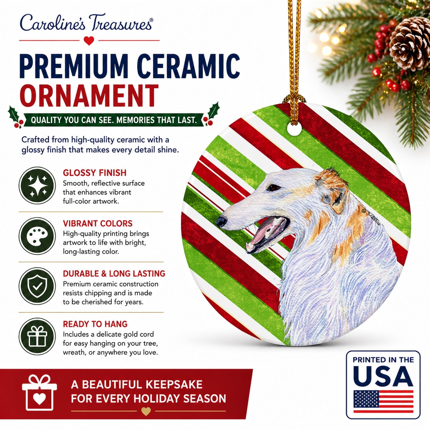 Borzoi Candy Cane Holiday Christmas Ceramic Ornament Christmas Tree Hanging Decorations for Home Christmas Holiday, Party, Gift, 3 in, Multicolor