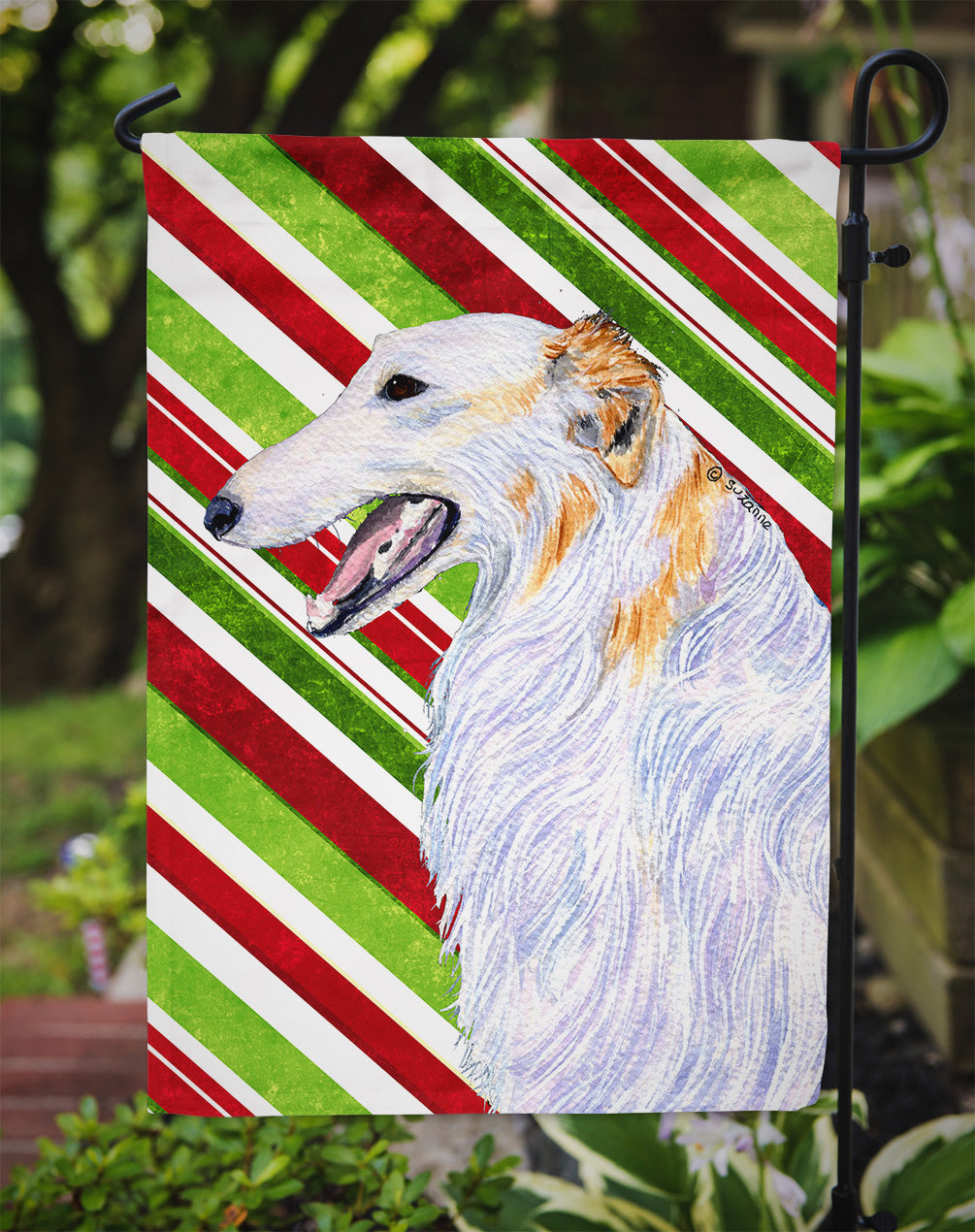 Borzoi Candy Cane Holiday Christmas Garden Flag Mailbox Decorative Yard Banner Outside Patio Artwork for Flower Beds, Garden Size, Multicolor
