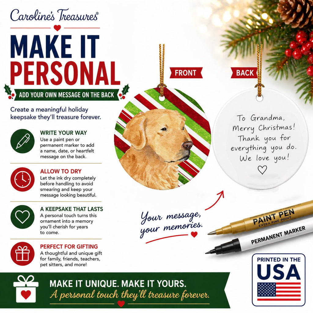 Golden Retriever Candy Cane Holiday Christmas Ceramic Ornament Christmas Tree Hanging Decorations for Home Christmas Holiday, Party, Gift, 3 in, Multicolor