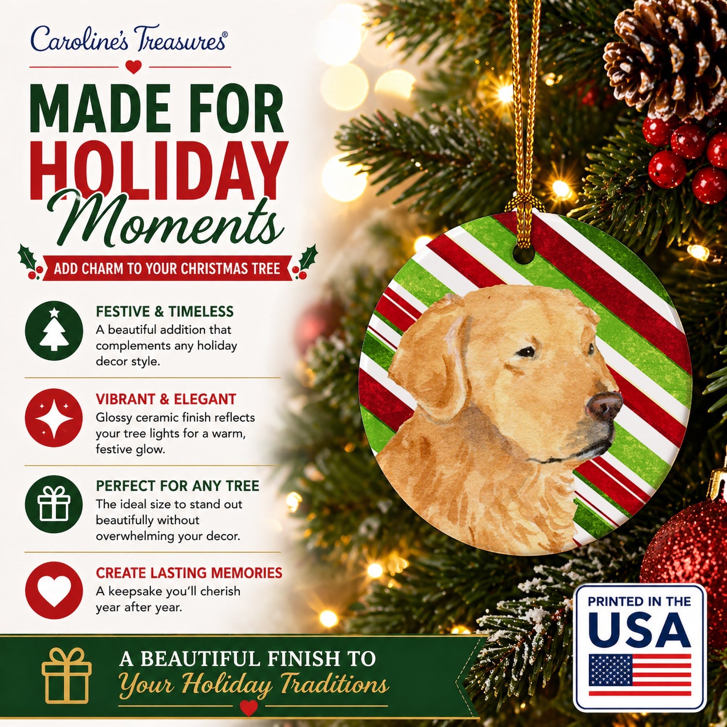 Golden Retriever Candy Cane Holiday Christmas Ceramic Ornament Christmas Tree Hanging Decorations for Home Christmas Holiday, Party, Gift, 3 in, Multicolor