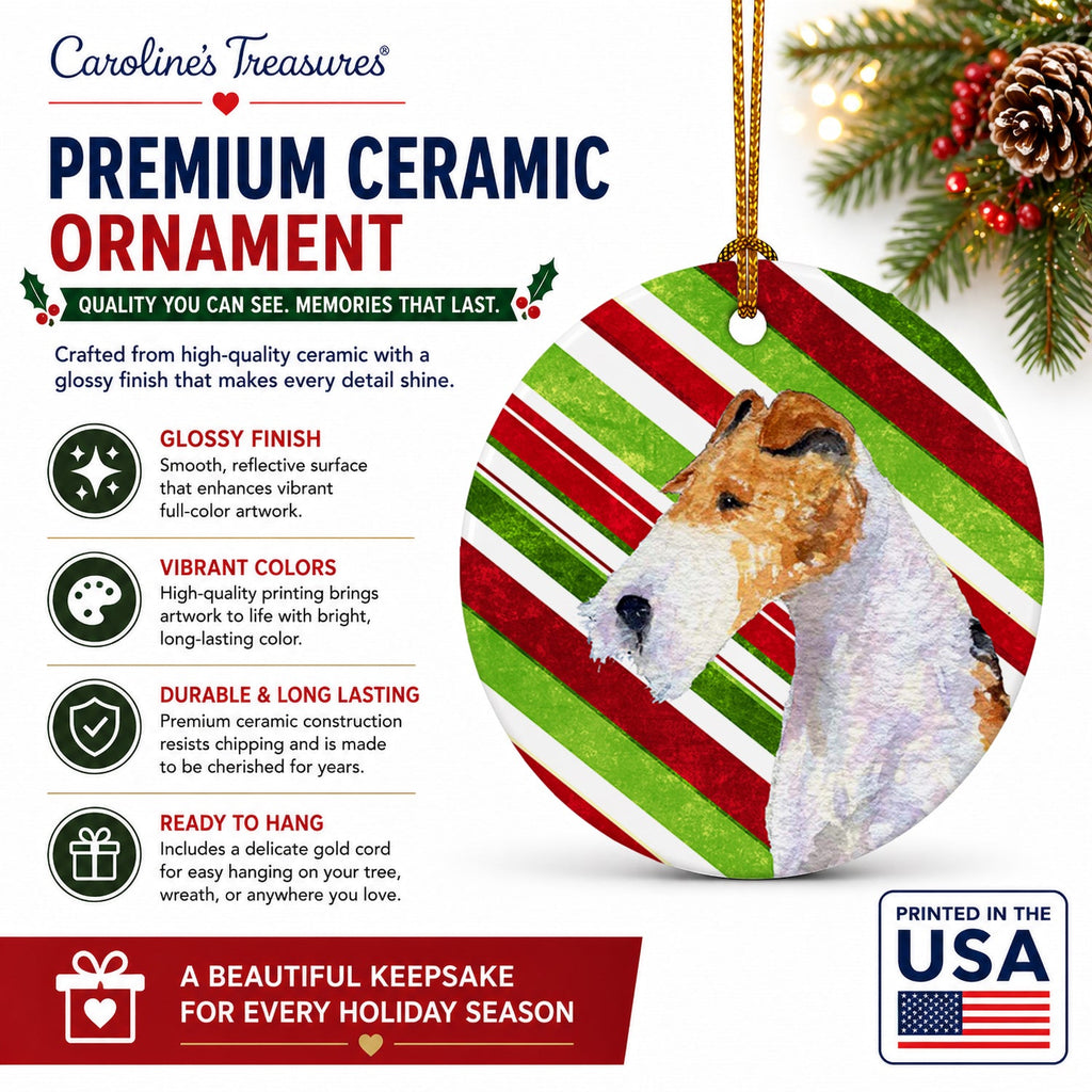 Fox Terrier Candy Cane Holiday Christmas Ceramic Ornament Christmas Tree Hanging Decorations for Home Christmas Holiday, Party, Gift, 3 in, Multicolor