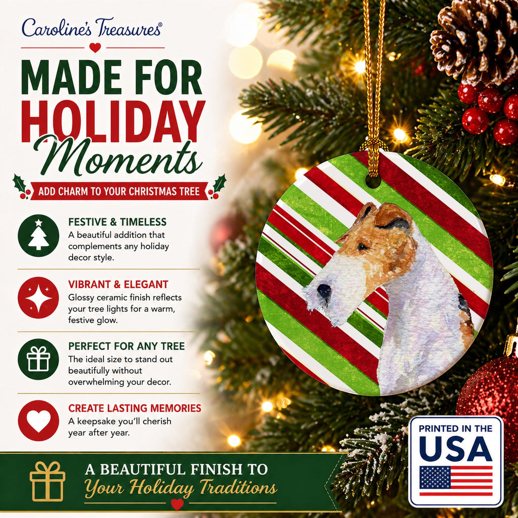 Fox Terrier Candy Cane Holiday Christmas Ceramic Ornament Christmas Tree Hanging Decorations for Home Christmas Holiday, Party, Gift, 3 in, Multicolor