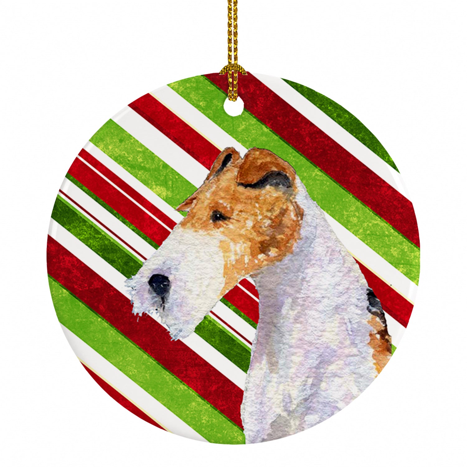 Fox Terrier Candy Cane Holiday Christmas Ceramic Ornament Christmas Tree Hanging Decorations for Home Christmas Holiday, Party, Gift, 3 in, Multicolor