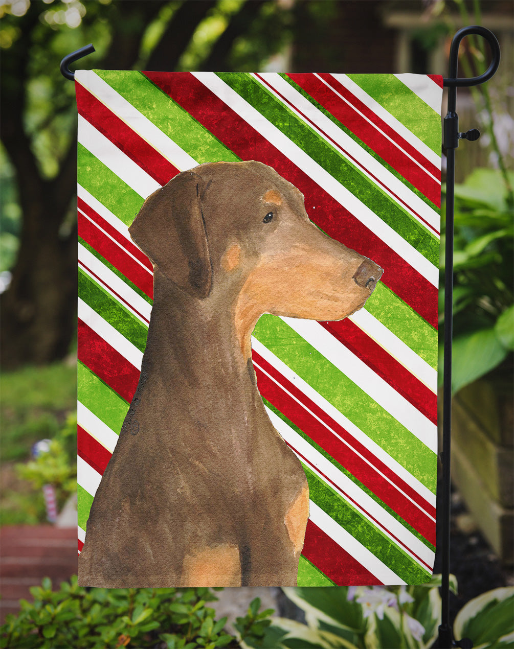 Doberman Candy Cane Holiday Christmas Garden Flag Mailbox Decorative Yard Banner Outside Patio Artwork for Flower Beds, Garden Size, Multicolor