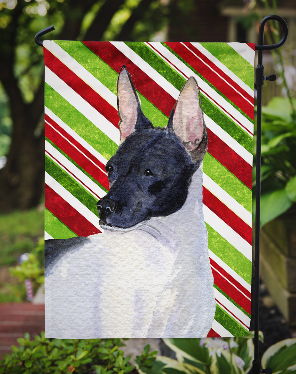 Rat Terrier Candy Cane Holiday Christmas Garden Flag Mailbox Decorative Yard Banner Outside Patio Artwork for Flower Beds, Garden Size, Multicolor