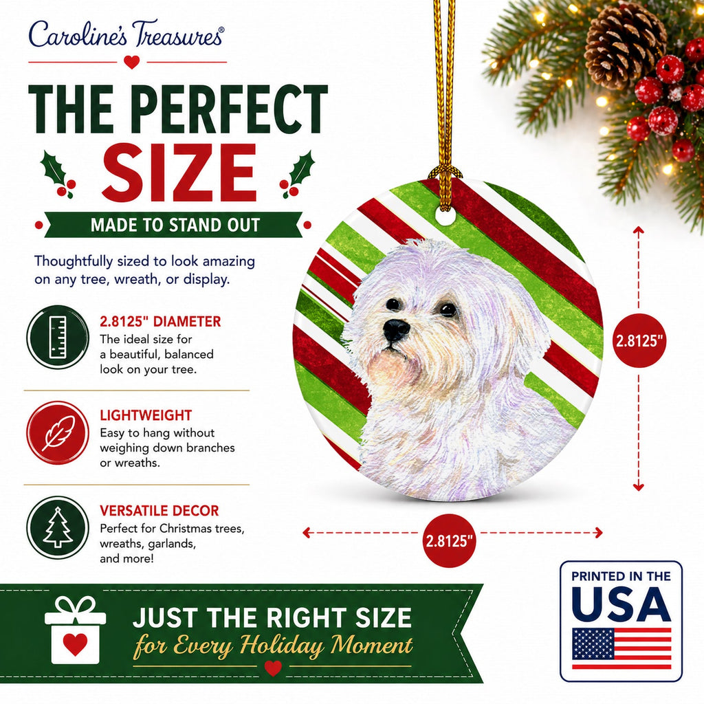 Maltese Candy Cane Holiday Christmas Ceramic Ornament Christmas Tree Hanging Decorations for Home Christmas Holiday, Party, Gift, 3 in, Multicolor