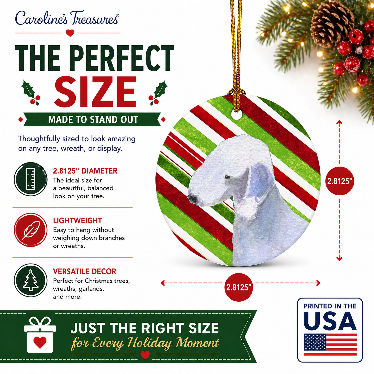 Bedlington Terrier Candy Cane Holiday Christmas Ceramic Ornament Christmas Tree Hanging Decorations for Home Christmas Holiday, Party, Gift, 3 in, Multicolor
