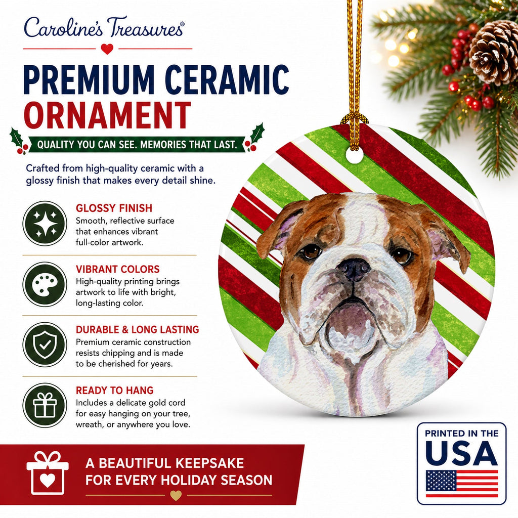 Bulldog English Candy Cane Holiday Christmas Ceramic Ornament Christmas Tree Hanging Decorations for Home Christmas Holiday, Party, Gift, 3 in, Multicolor