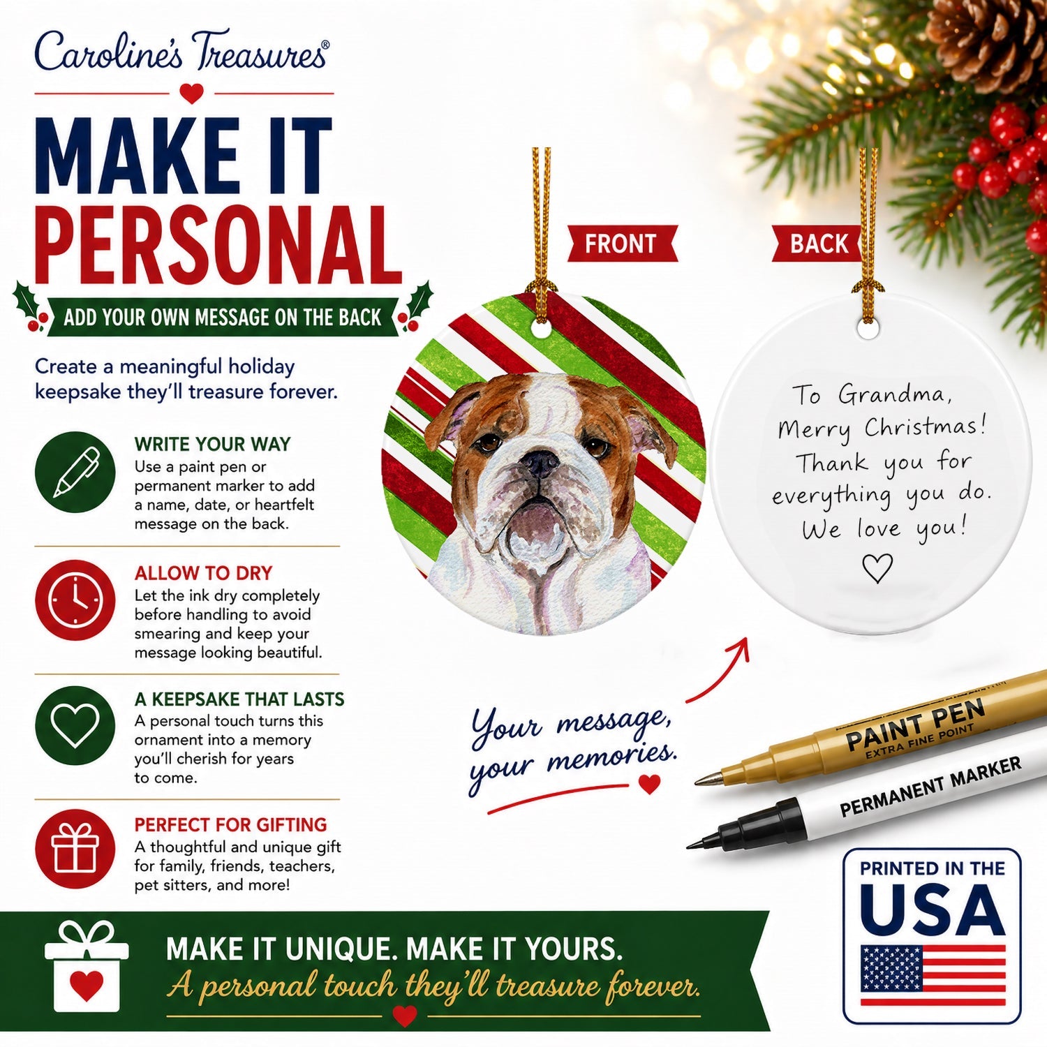 Bulldog English Candy Cane Holiday Christmas Ceramic Ornament Christmas Tree Hanging Decorations for Home Christmas Holiday, Party, Gift, 3 in, Multicolor
