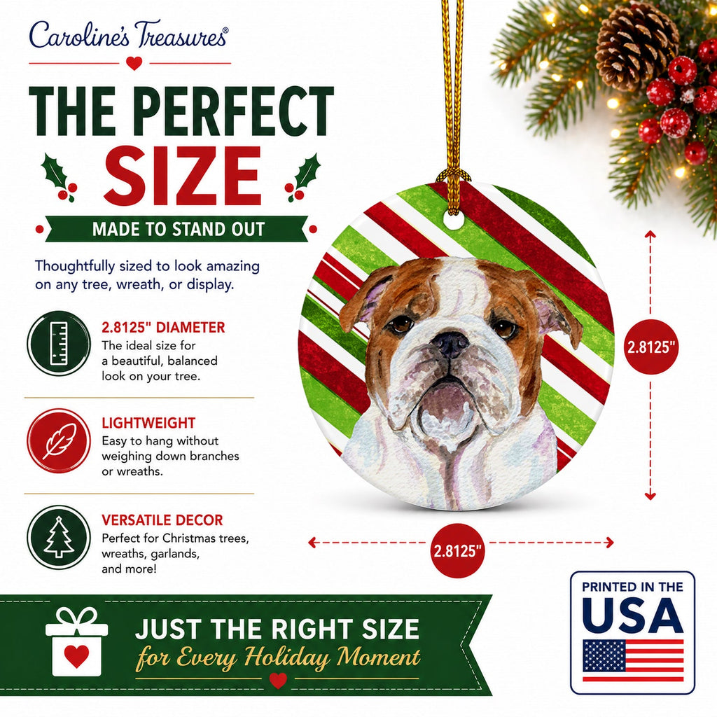 Bulldog English Candy Cane Holiday Christmas Ceramic Ornament Christmas Tree Hanging Decorations for Home Christmas Holiday, Party, Gift, 3 in, Multicolor