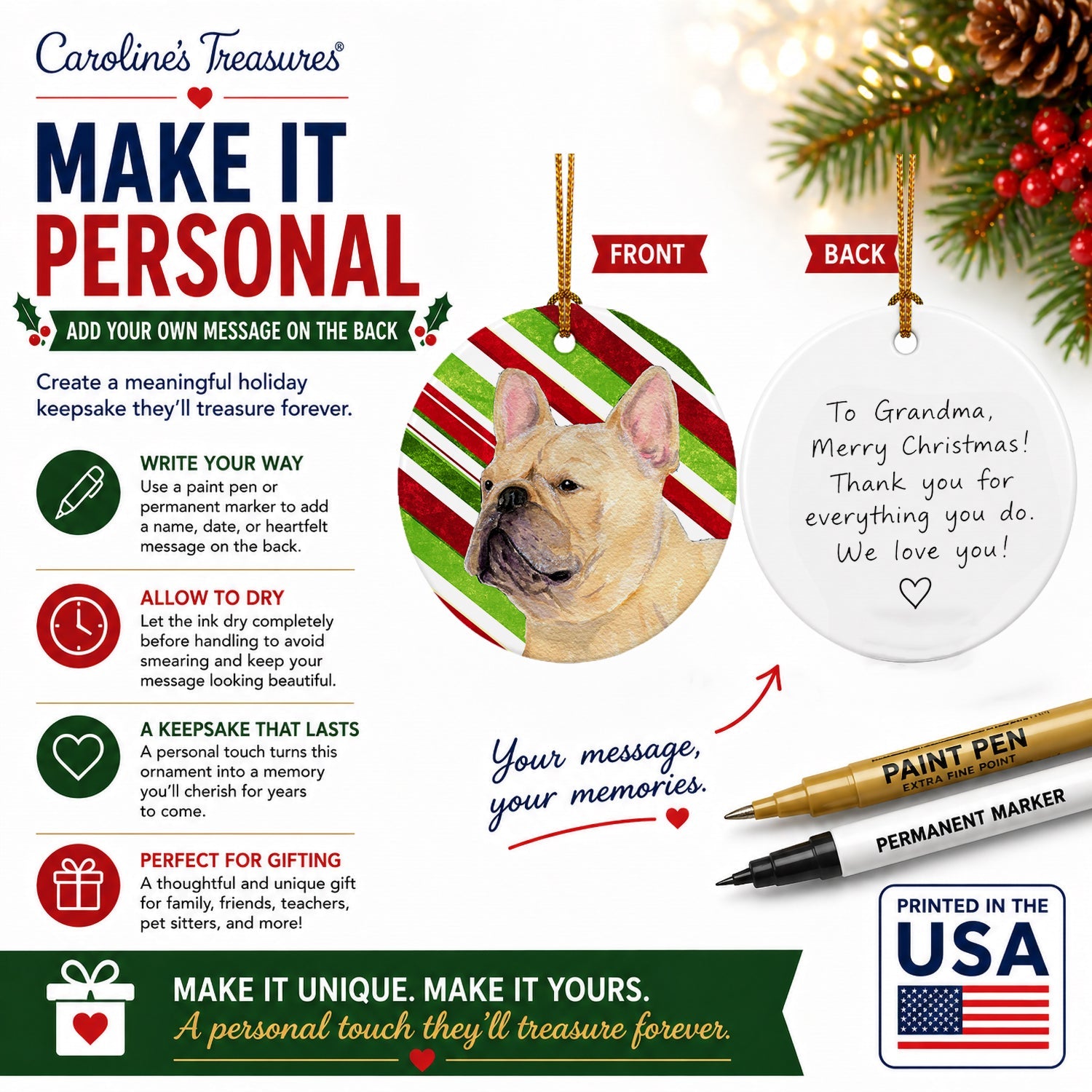 French Bulldog Candy Cane Holiday Christmas Ceramic Ornament Christmas Tree Hanging Decorations for Home Christmas Holiday, Party, Gift, 3 in, Multicolor