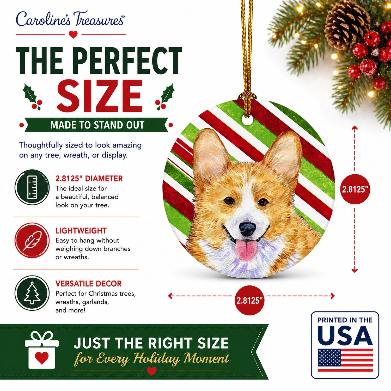 Corgi Candy Cane Holiday Christmas Ceramic Ornament Christmas Tree Hanging Decorations for Home Christmas Holiday, Party, Gift, 3 in, Multicolor