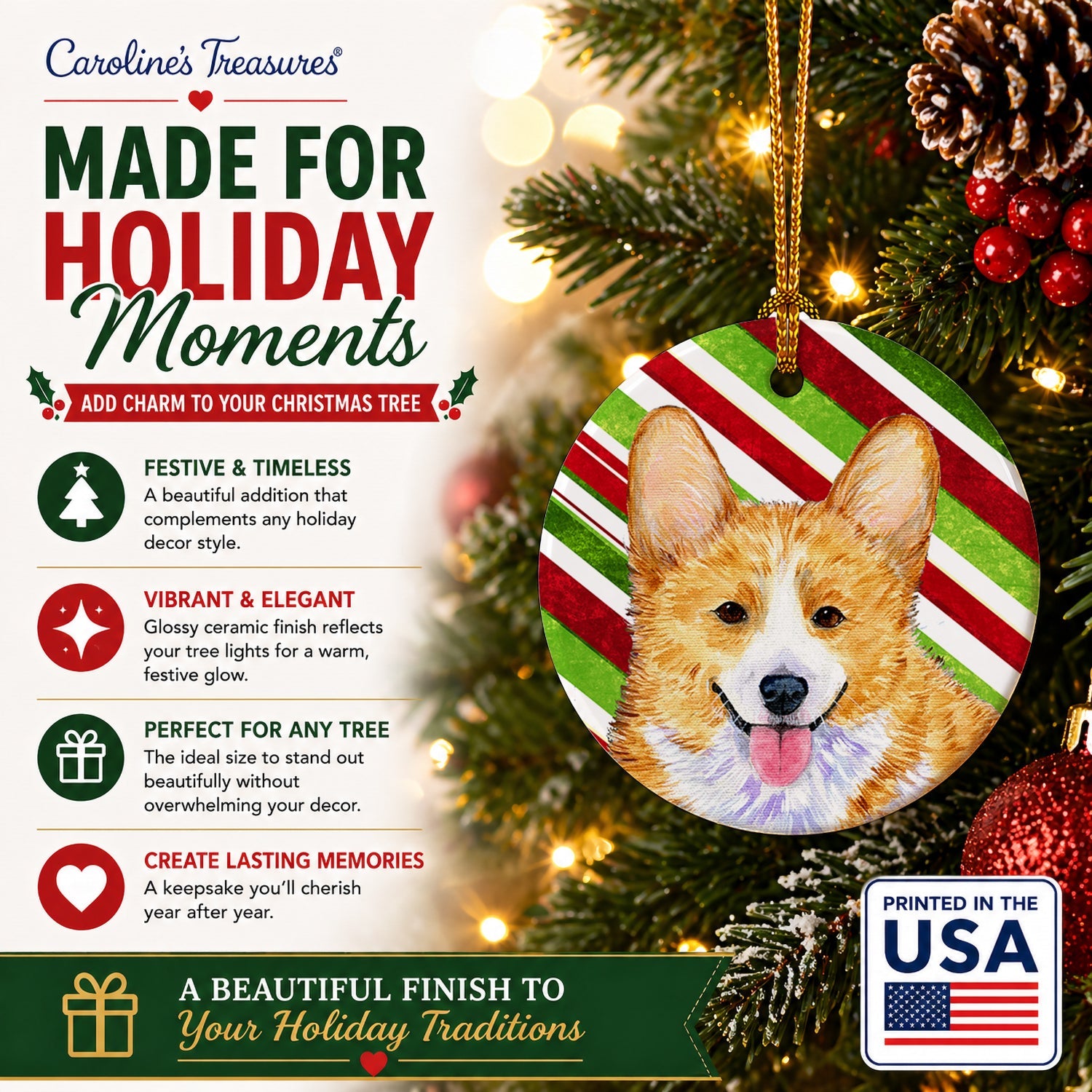 Corgi Candy Cane Holiday Christmas Ceramic Ornament Christmas Tree Hanging Decorations for Home Christmas Holiday, Party, Gift, 3 in, Multicolor