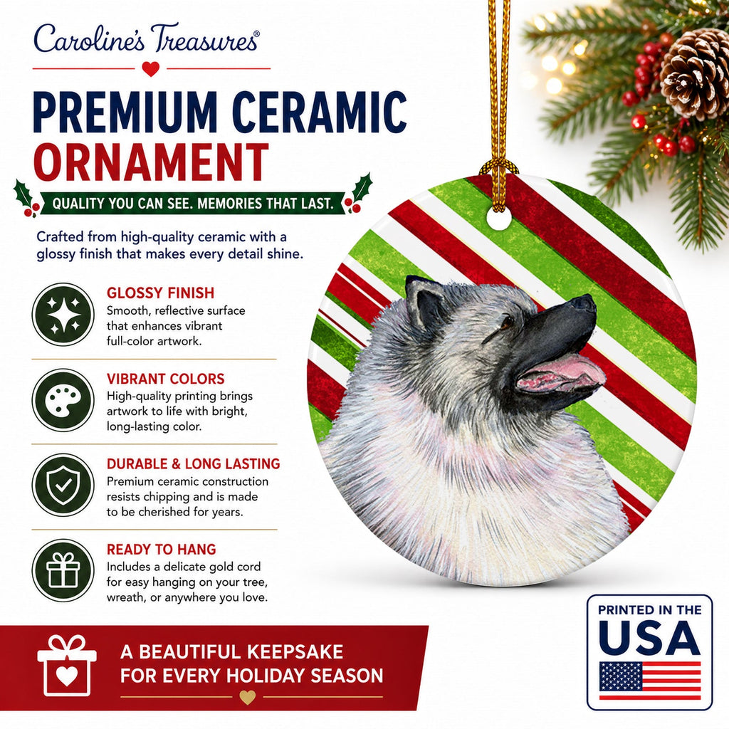 Keeshond Candy Cane Holiday Christmas Ceramic Ornament Christmas Tree Hanging Decorations for Home Christmas Holiday, Party, Gift, 3 in, Multicolor