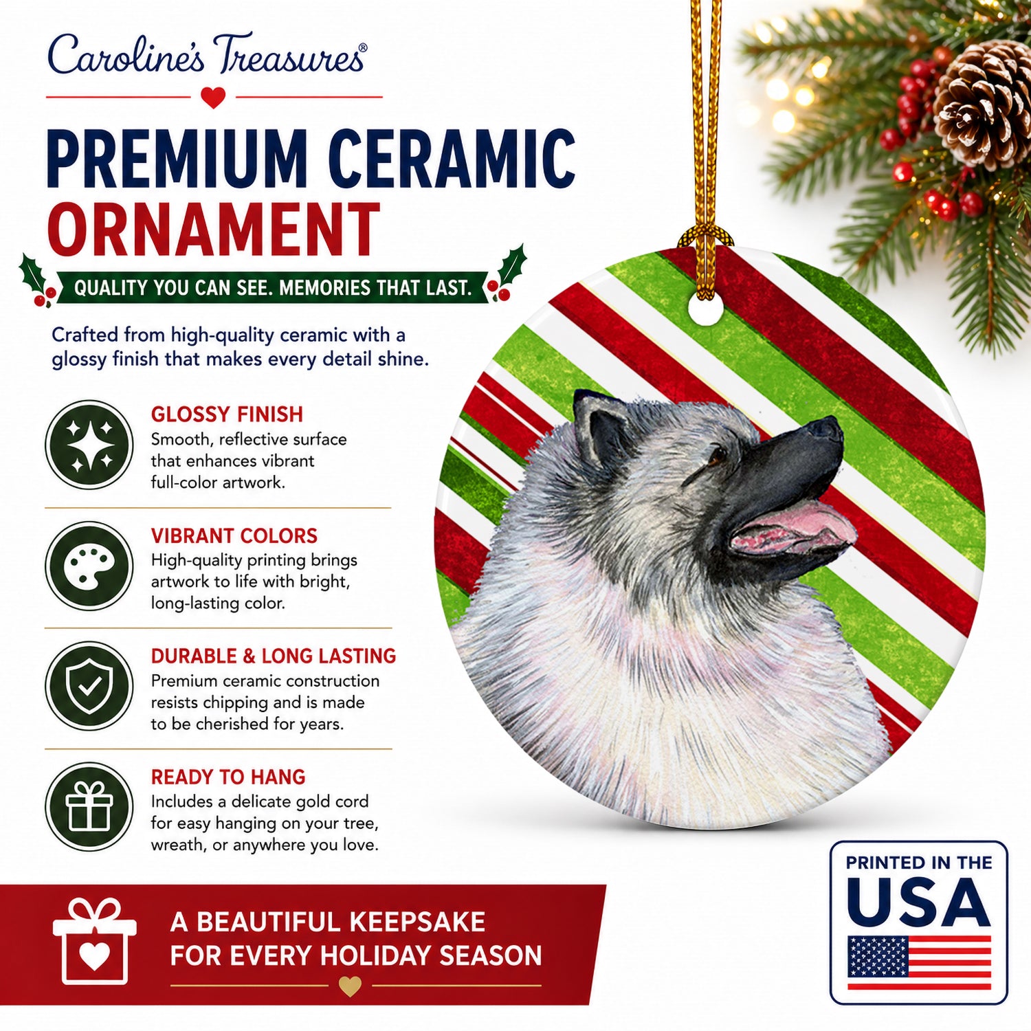 Keeshond Candy Cane Holiday Christmas Ceramic Ornament Christmas Tree Hanging Decorations for Home Christmas Holiday, Party, Gift, 3 in, Multicolor