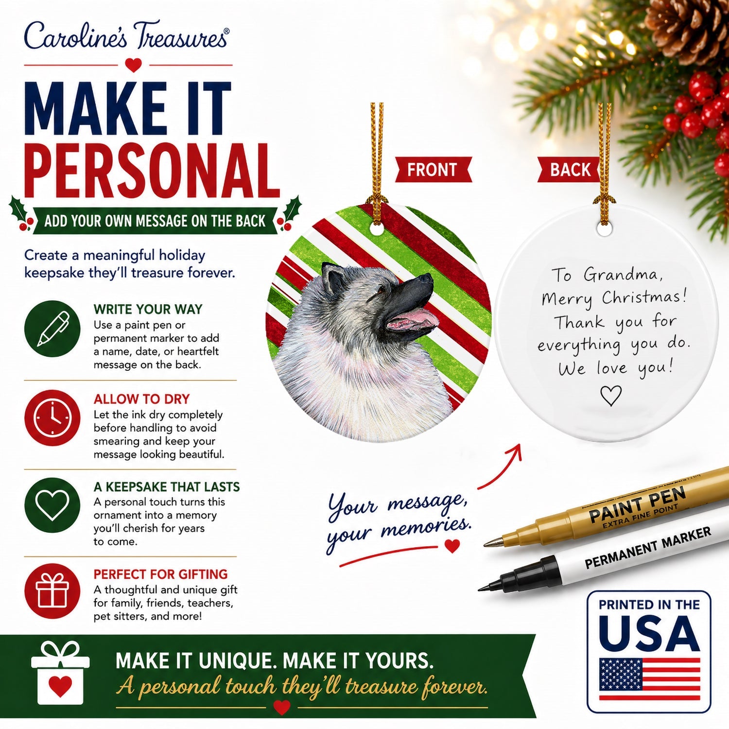 Keeshond Candy Cane Holiday Christmas Ceramic Ornament Christmas Tree Hanging Decorations for Home Christmas Holiday, Party, Gift, 3 in, Multicolor