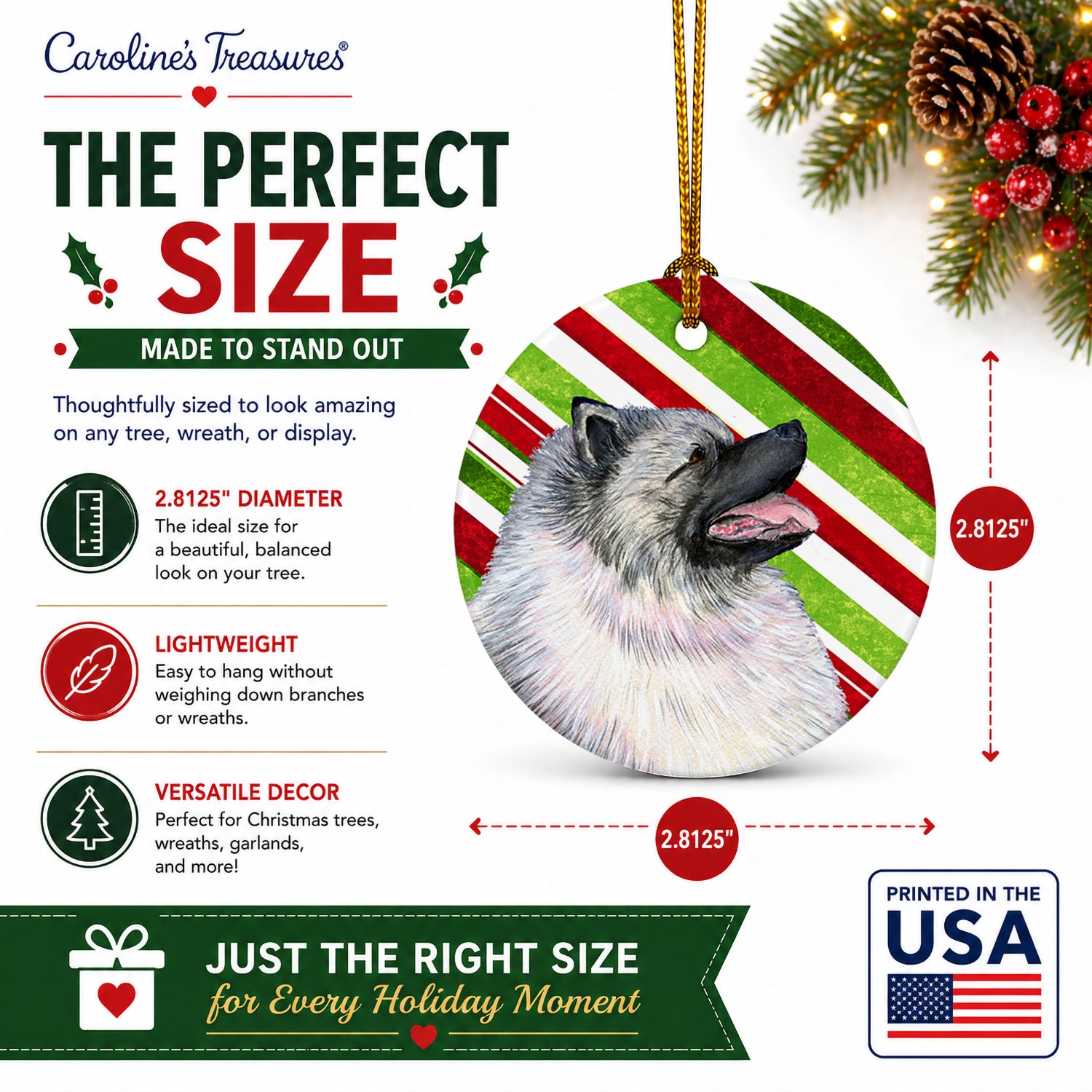 Keeshond Candy Cane Holiday Christmas Ceramic Ornament Christmas Tree Hanging Decorations for Home Christmas Holiday, Party, Gift, 3 in, Multicolor