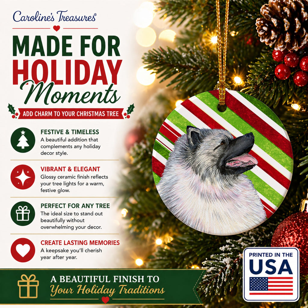 Keeshond Candy Cane Holiday Christmas Ceramic Ornament Christmas Tree Hanging Decorations for Home Christmas Holiday, Party, Gift, 3 in, Multicolor