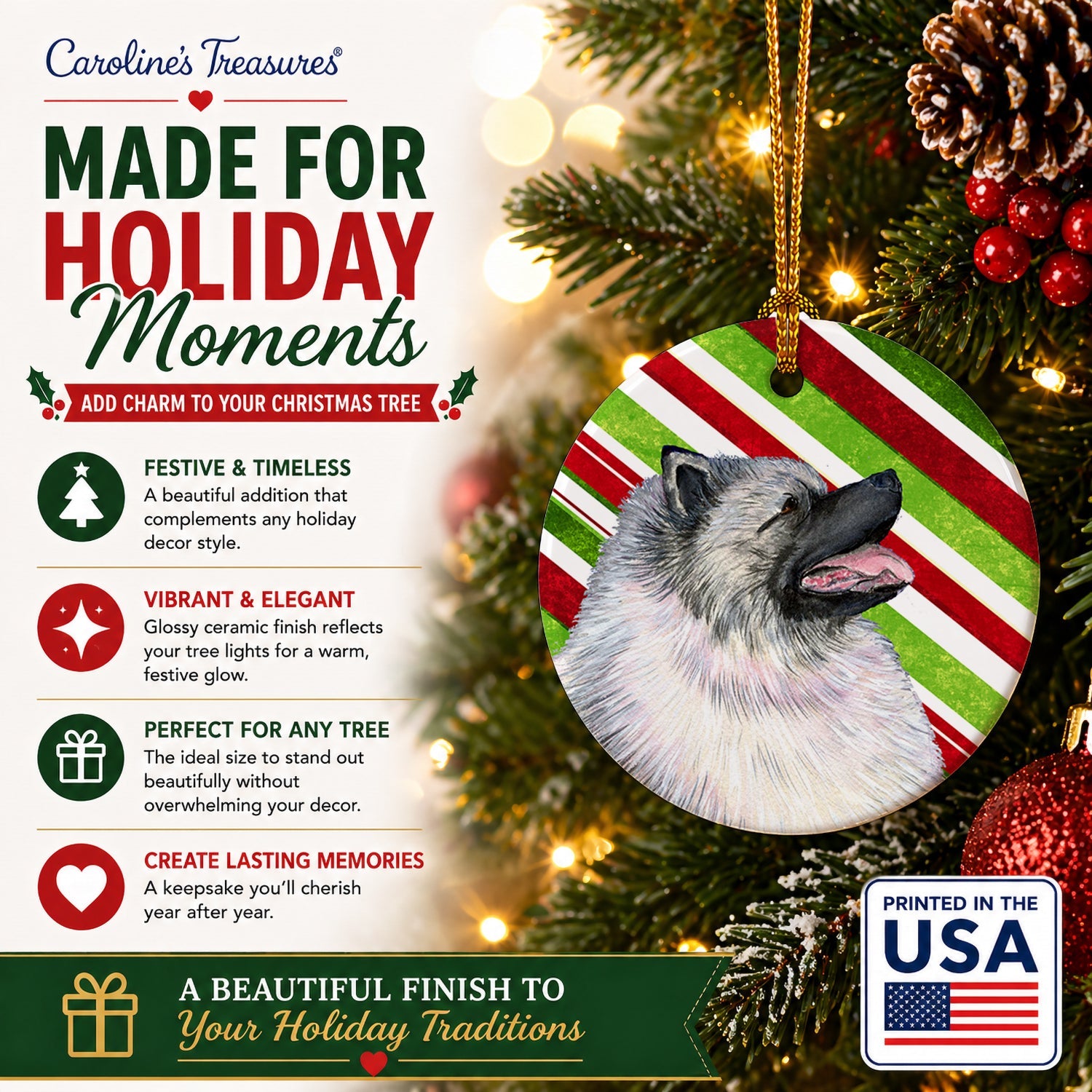 Keeshond Candy Cane Holiday Christmas Ceramic Ornament Christmas Tree Hanging Decorations for Home Christmas Holiday, Party, Gift, 3 in, Multicolor