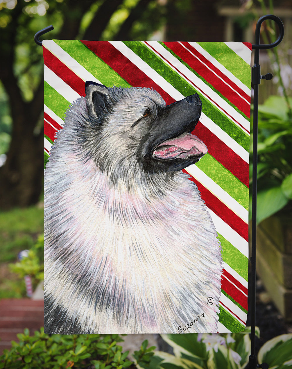 Keeshond Candy Cane Holiday Christmas Garden Flag Mailbox Decorative Yard Banner Outside Patio Artwork for Flower Beds, Garden Size, Multicolor