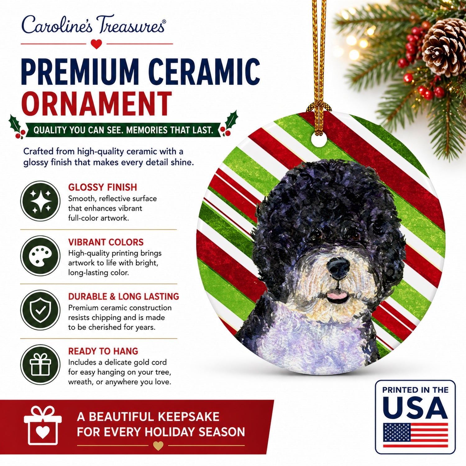 Portuguese Water Dog Candy Cane Holiday Christmas Ceramic Ornament Christmas Tree Hanging Decorations for Home Christmas Holiday, Party, Gift, 3 in, Multicolor