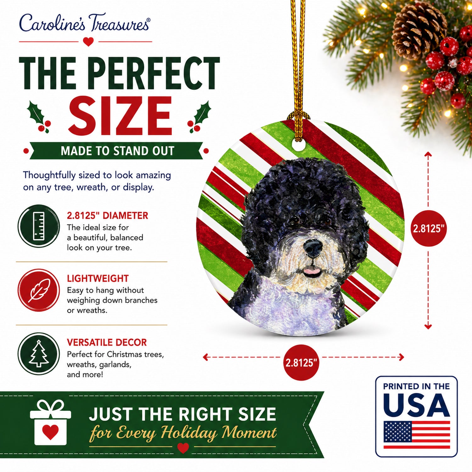 Portuguese Water Dog Candy Cane Holiday Christmas Ceramic Ornament Christmas Tree Hanging Decorations for Home Christmas Holiday, Party, Gift, 3 in, Multicolor