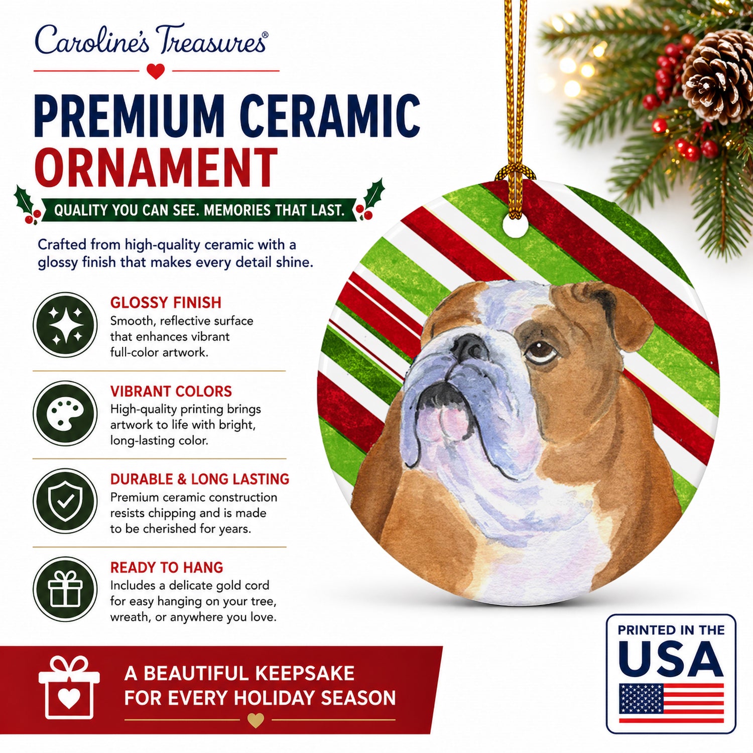 Bulldog English Candy Cane Holiday Christmas Ceramic Ornament Christmas Tree Hanging Decorations for Home Christmas Holiday, Party, Gift, 3 in, Multicolor