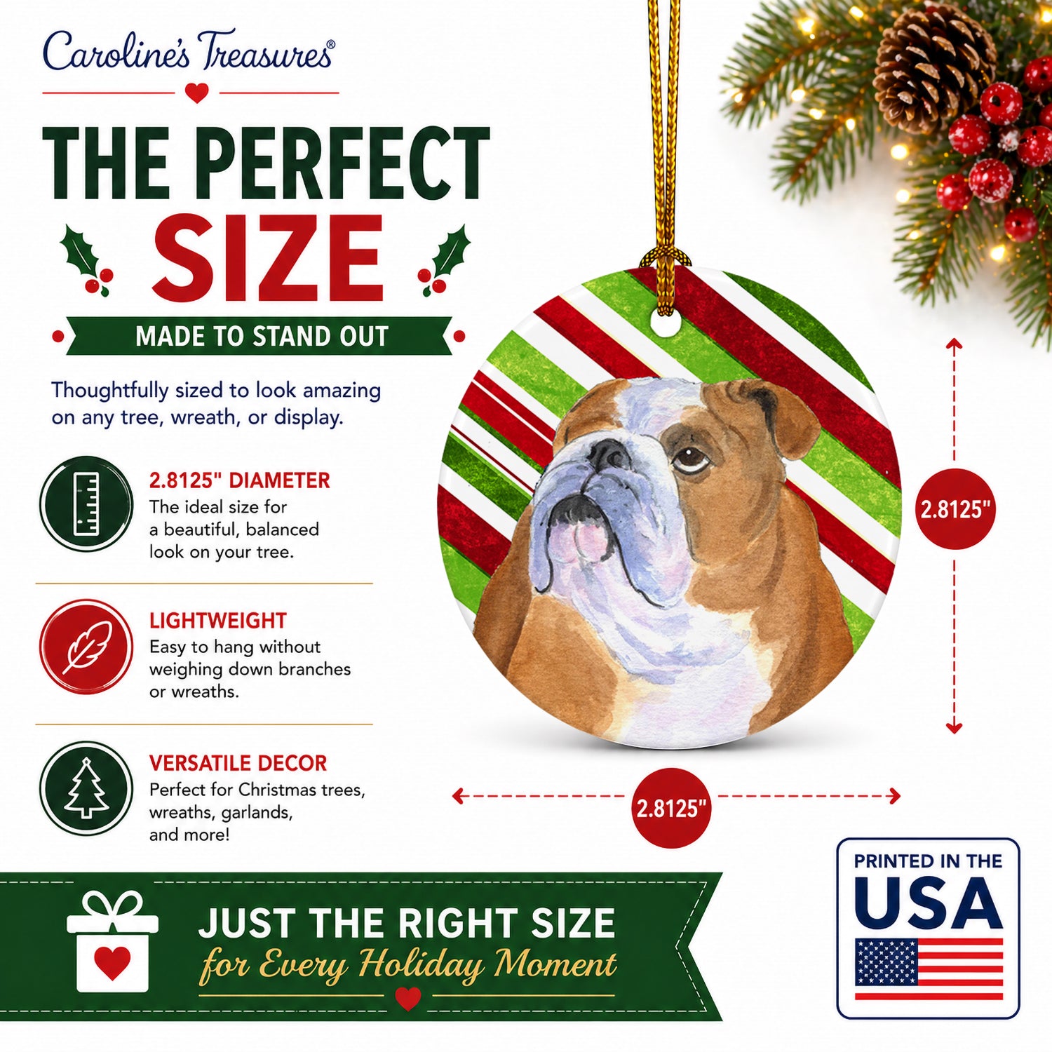Bulldog English Candy Cane Holiday Christmas Ceramic Ornament Christmas Tree Hanging Decorations for Home Christmas Holiday, Party, Gift, 3 in, Multicolor