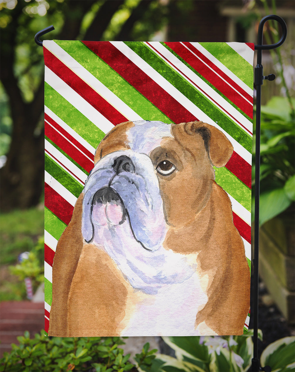 Bulldog English Candy Cane Holiday Christmas Garden Flag Mailbox Decorative Yard Banner Outside Patio Artwork for Flower Beds, Garden Size, Multicolor