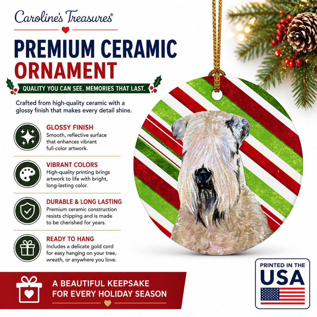 Wheaten Terrier Soft Coated Candy Cane Holiday Christmas Ceramic Ornament Christmas Tree Hanging Decorations for Home Christmas Holiday, Party, Gift, 3 in, Multicolor