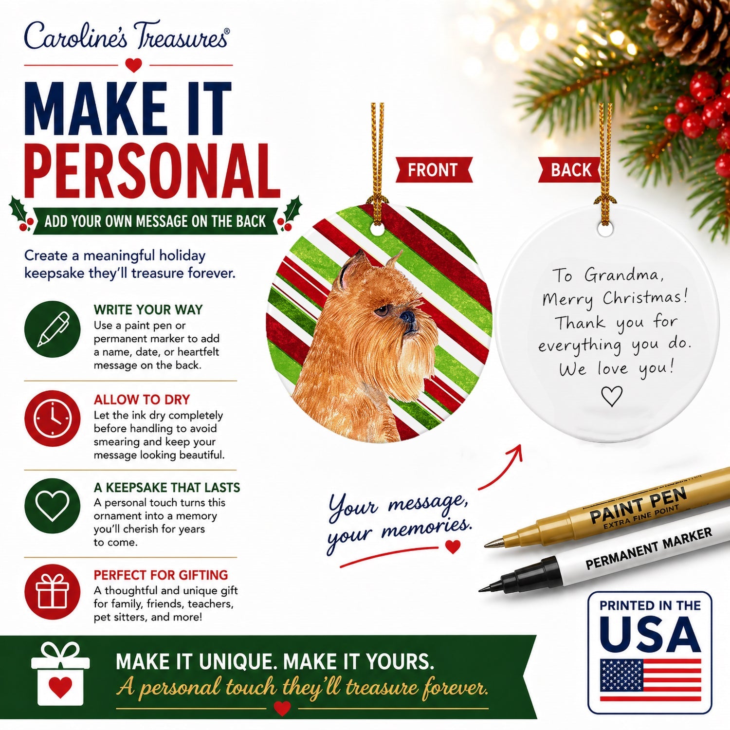 Brussels Griffon Candy Cane Holiday Christmas Ceramic Ornament Christmas Tree Hanging Decorations for Home Christmas Holiday, Party, Gift, 3 in, Multicolor