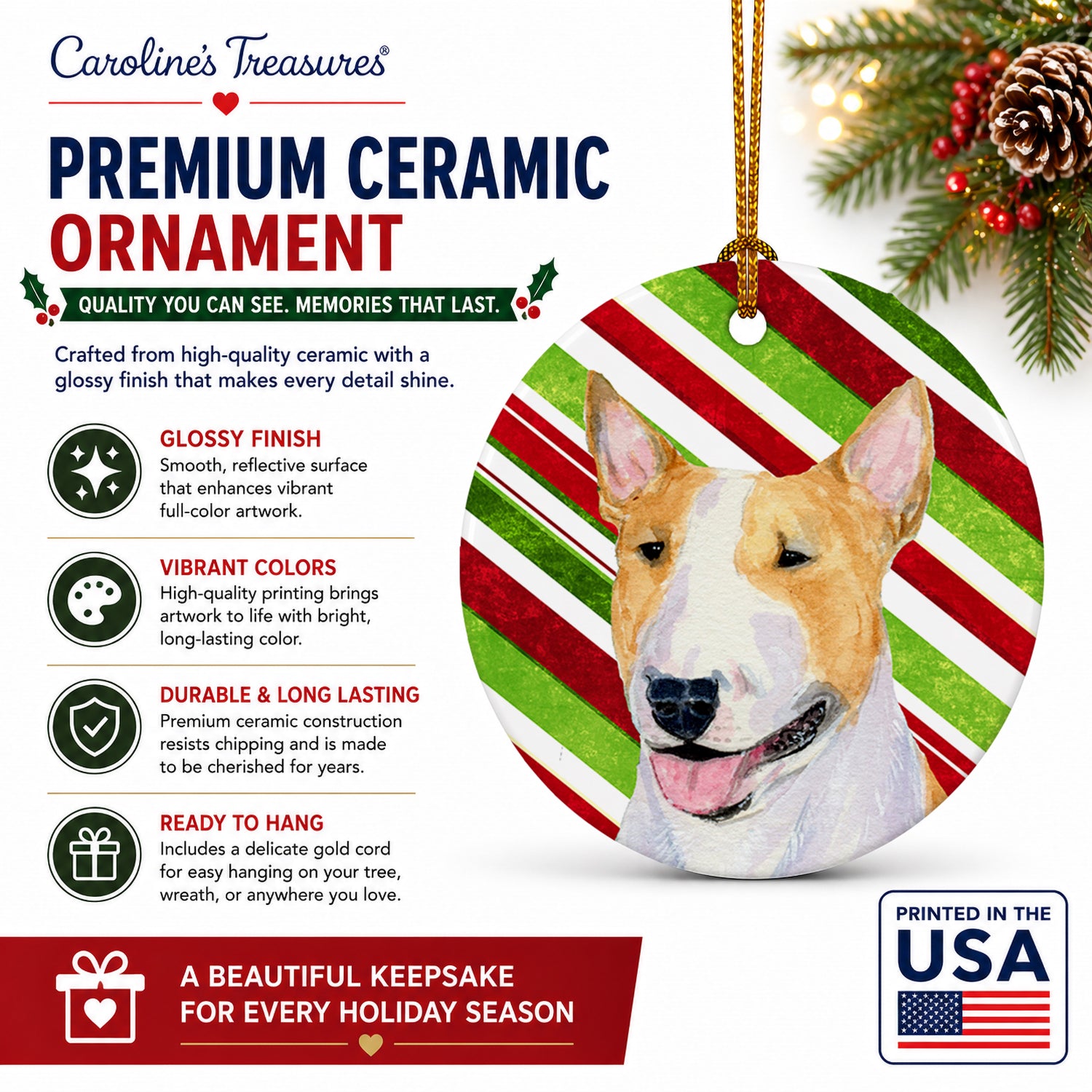 Bull Terrier Candy Cane Holiday Christmas Ceramic Ornament Christmas Tree Hanging Decorations for Home Christmas Holiday, Party, Gift, 3 in, Multicolor