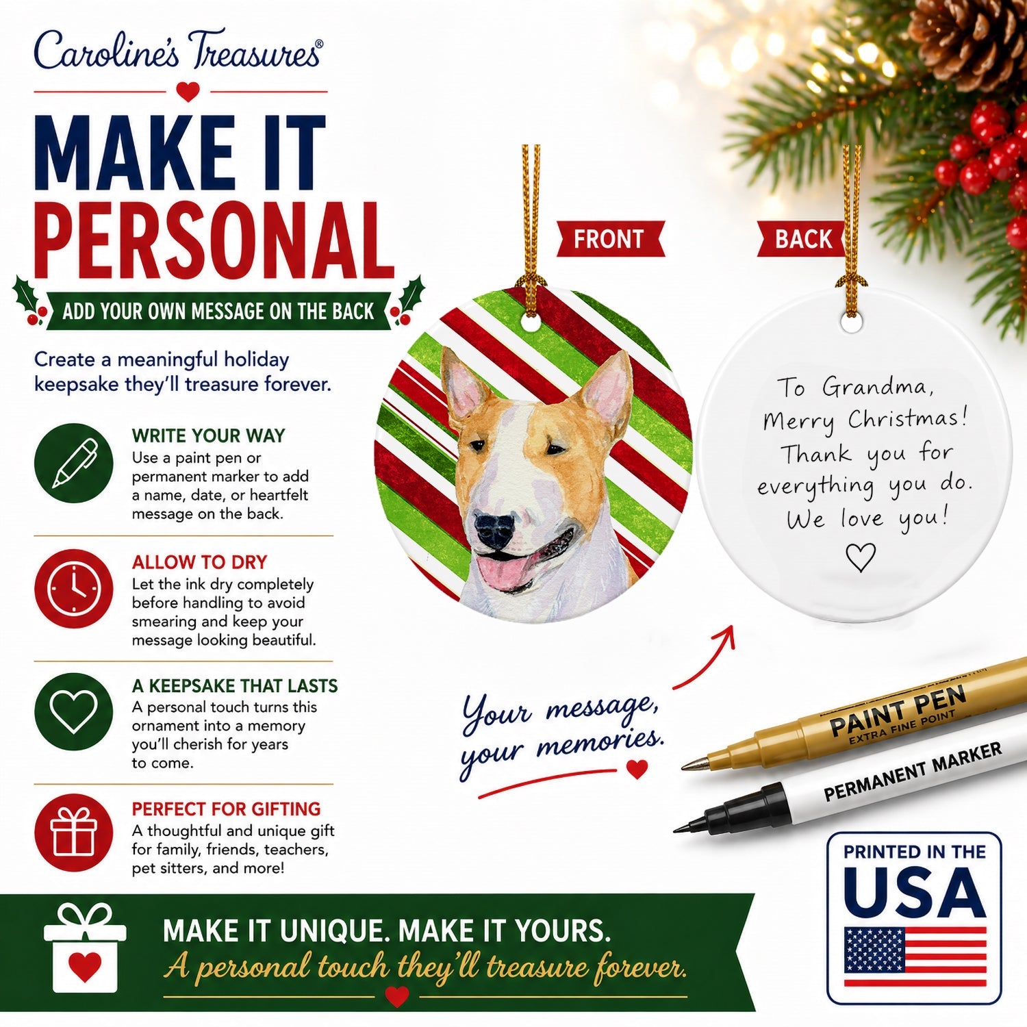 Bull Terrier Candy Cane Holiday Christmas Ceramic Ornament Christmas Tree Hanging Decorations for Home Christmas Holiday, Party, Gift, 3 in, Multicolor