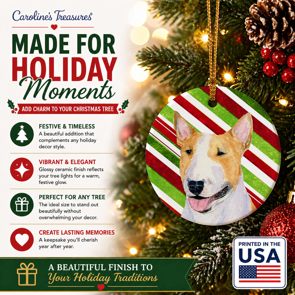 Bull Terrier Candy Cane Holiday Christmas Ceramic Ornament Christmas Tree Hanging Decorations for Home Christmas Holiday, Party, Gift, 3 in, Multicolor