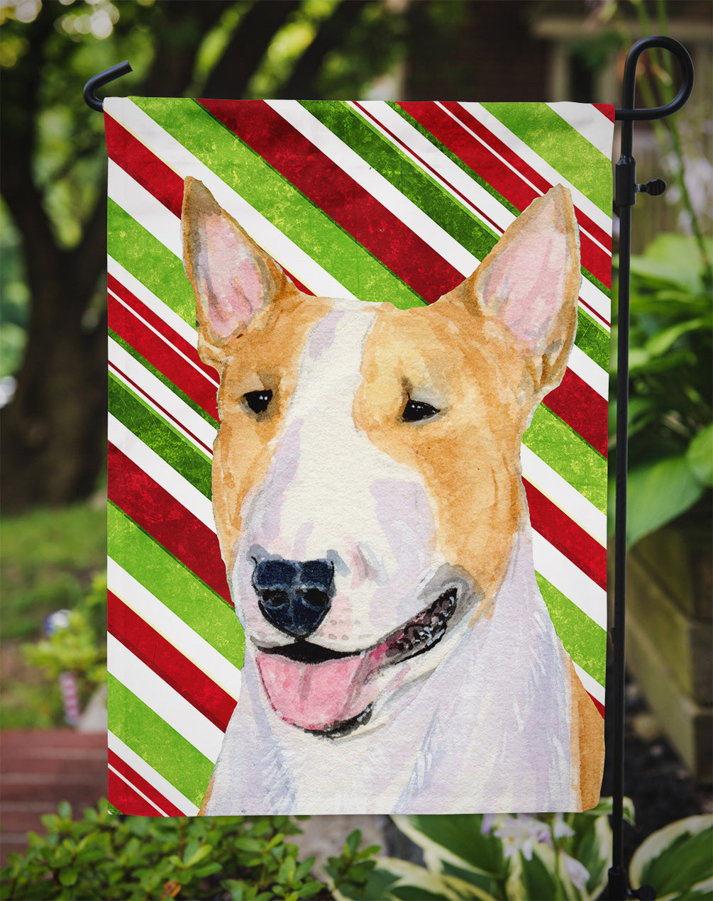 Bull Terrier Candy Cane Holiday Christmas Garden Flag Mailbox Decorative Yard Banner Outside Patio Artwork for Flower Beds, Garden Size, Multicolor