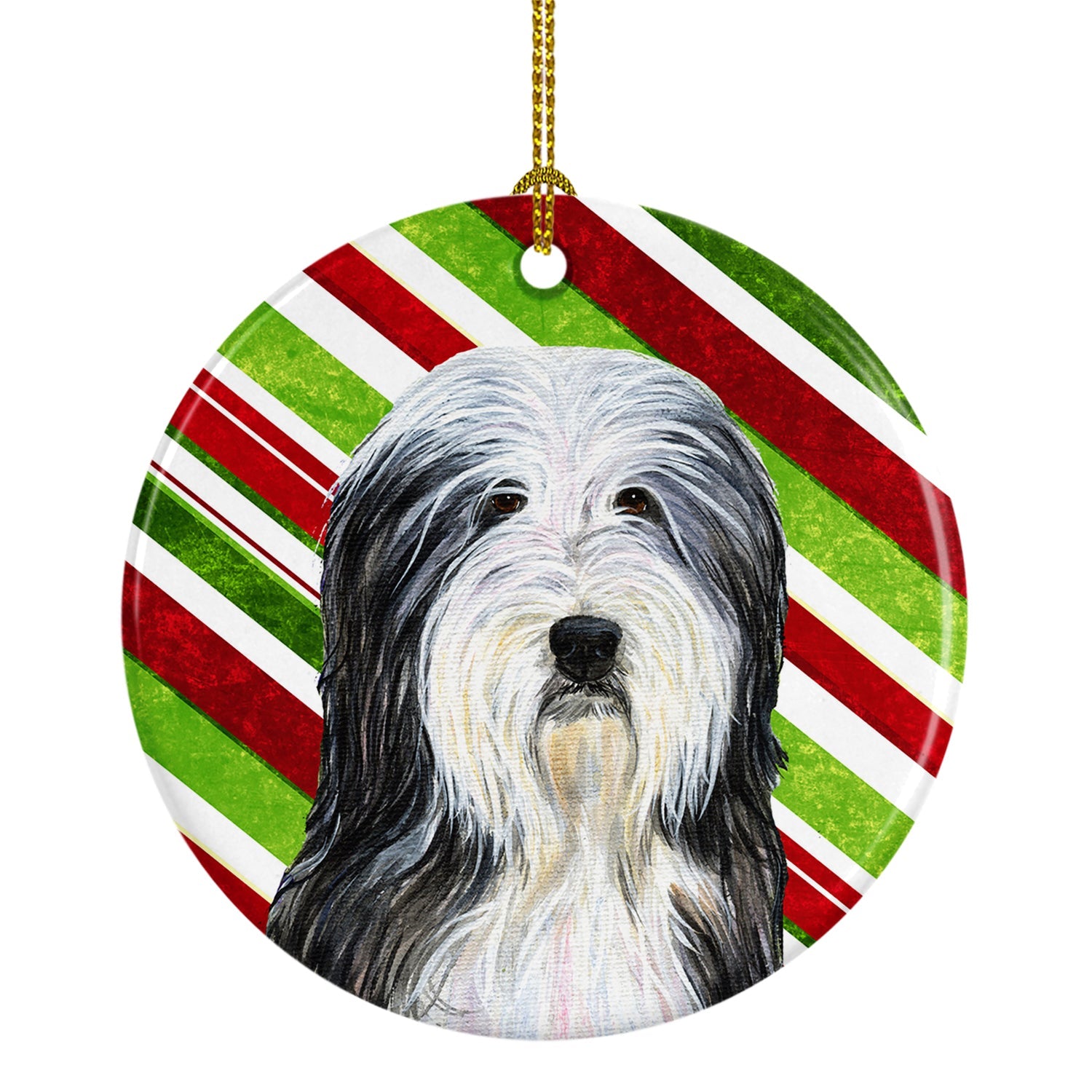 Bearded Collie Candy Cane Holiday Christmas Ceramic Ornament Christmas Tree Hanging Decorations for Home Christmas Holiday, Party, Gift, 3 in, Multicolor