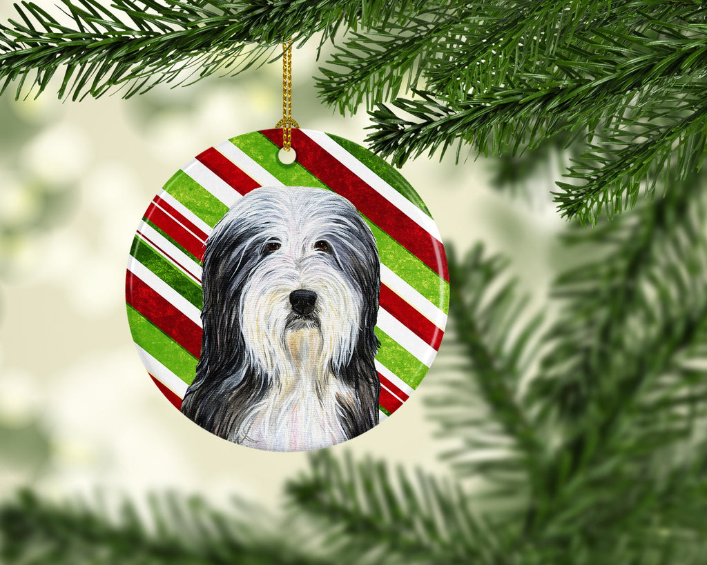 Bearded Collie Candy Cane Holiday Christmas Ceramic Ornament Christmas Tree Hanging Decorations for Home Christmas Holiday, Party, Gift, 3 in, Multicolor