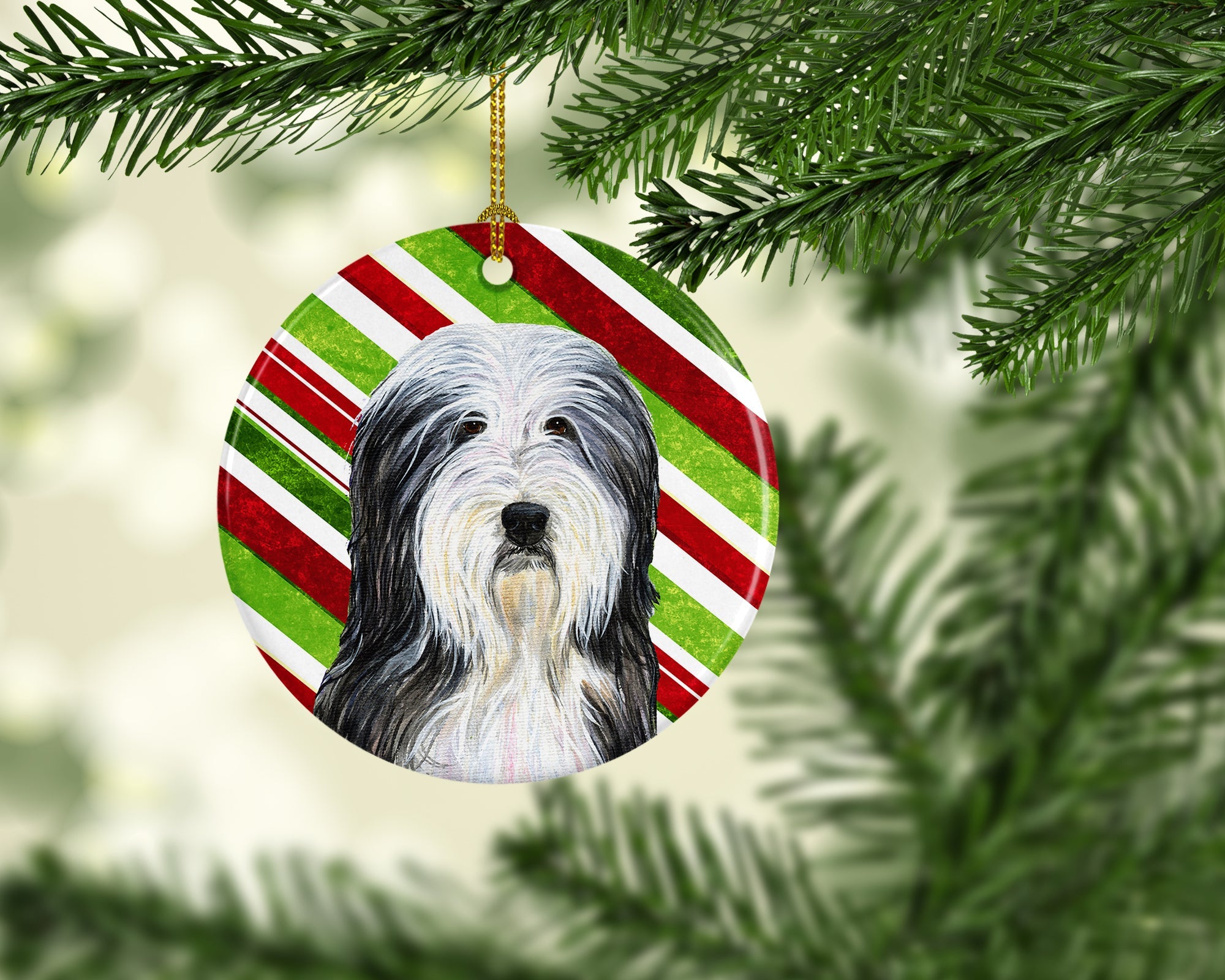 Bearded Collie Candy Cane Holiday Christmas Ceramic Ornament Christmas Tree Hanging Decorations for Home Christmas Holiday, Party, Gift, 3 in, Multicolor
