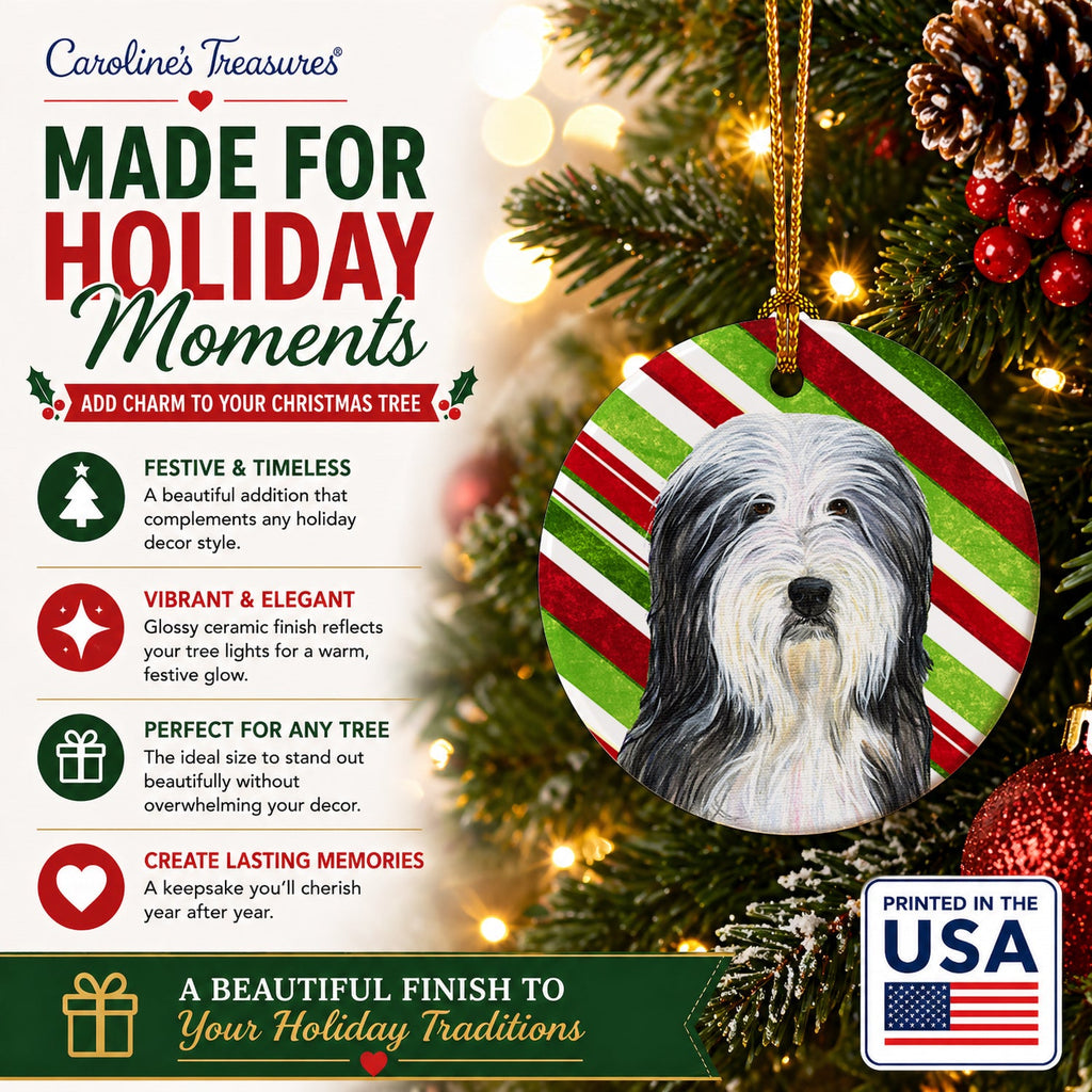 Bearded Collie Candy Cane Holiday Christmas Ceramic Ornament Christmas Tree Hanging Decorations for Home Christmas Holiday, Party, Gift, 3 in, Multicolor