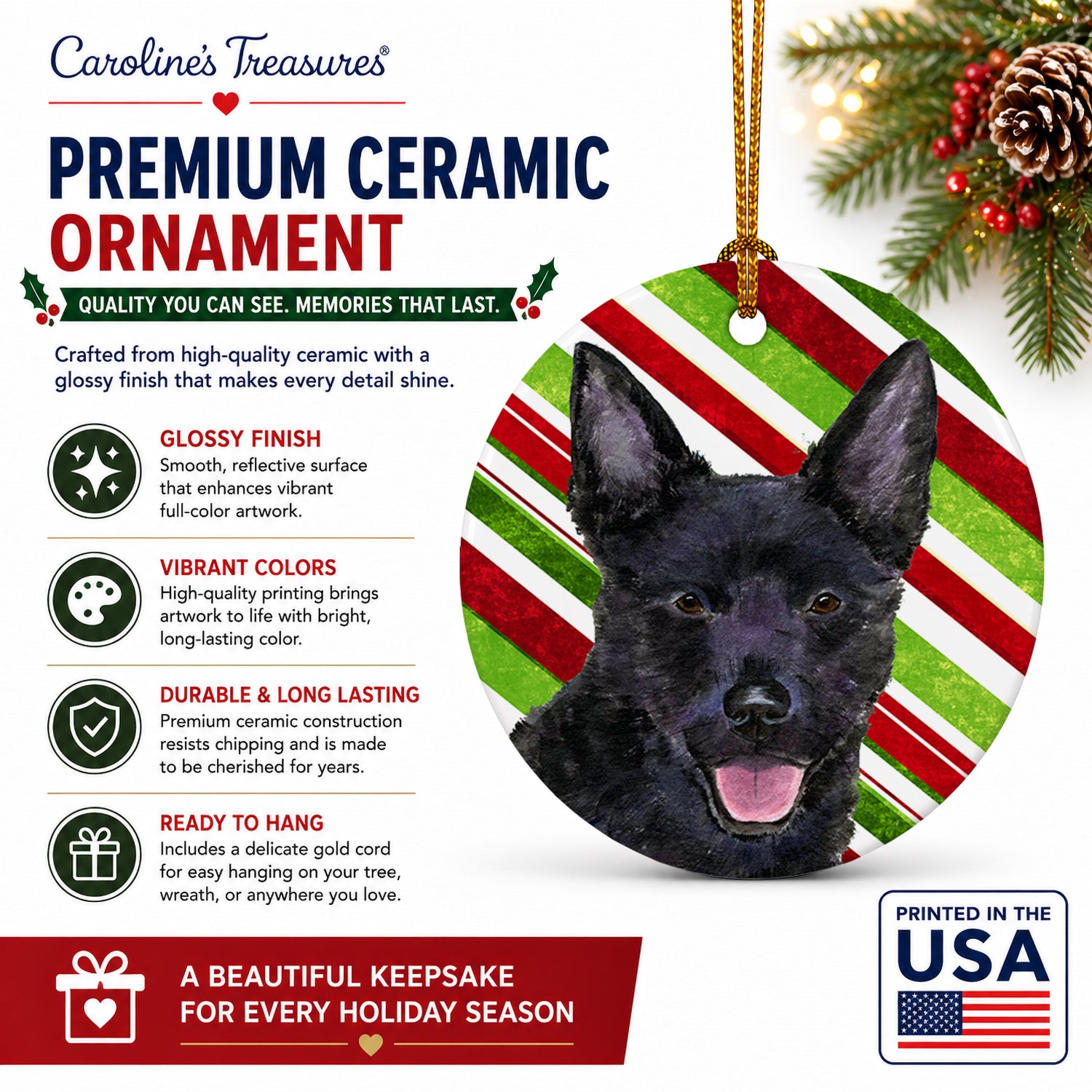 Australian Kelpie Candy Cane Holiday Christmas Ceramic Ornament Christmas Tree Hanging Decorations for Home Christmas Holiday, Party, Gift, 3 in, Multicolor